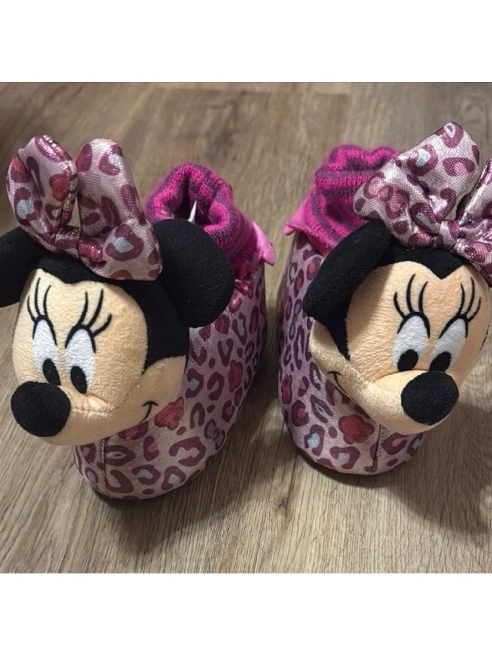 Disney Baby Minnie Mouse Pink Leopard Plush Crib Shoes Baby Toddler Size 5-6
